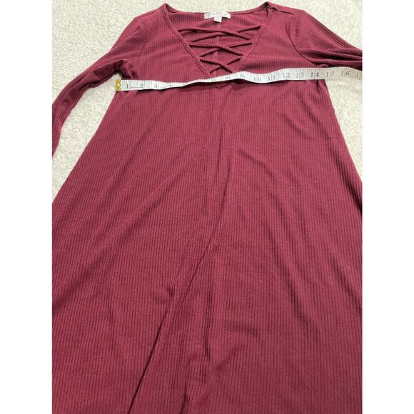 Love Fire Women's Size S/P Crisscross Long Sleeve Rib Knit Dress Burgundy - Picture 3 of 8